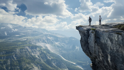 Sticker - AI-generated illustration of Two men on a cliff edge under the cloudy sky