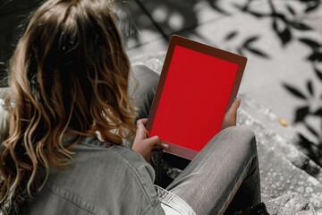 display mockup from a shoulder angle of a young girl holding an ebook with an entirely red screen