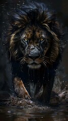 Sticker - AI generated illustration of a close-up of a majestic black lion standing in water