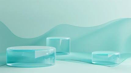 Poster - A 3D illustration of clear aqua blue glass pedestals and a curved divider wall for displaying cosmetic products or accessories.