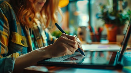Wall Mural - ai generated illustration of a close-up of a person writing with a pen on a table