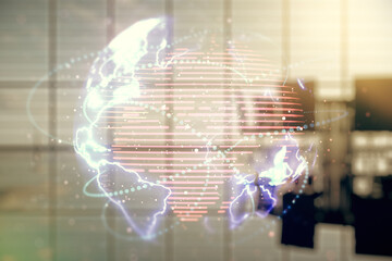 Aufkleber - Double exposure of abstract digital world map hologram with connections on a modern boardroom background, big data and blockchain concept