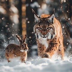 Sticker - AI generated illustration of a lynx hunting a rabbit