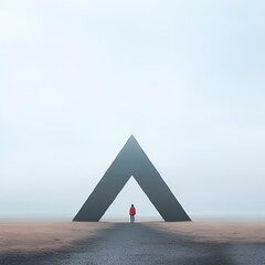 Poster - AI-generated illustration of the Silhouette of a person walking through an enormous triangle