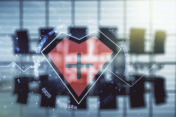 Poster - Abstract virtual heart rate sketch on a modern boardroom background, Medicine and healthcare concept. Multiexposure
