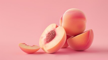 Wall Mural - Mockup of a white peach in a geometric papercut style. The peach is depicted whole, cut in half, and sliced against a pastel background.