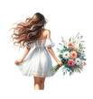 Girl  young woman with blond long hair in a white summer dress with a bouquet of flowers in her hands, rear view. Watercolor illustration isolated on transparent background