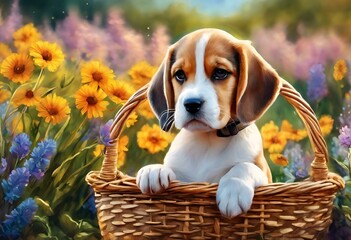 Wall Mural - a puppy sitting in a basket in the middle of flowers