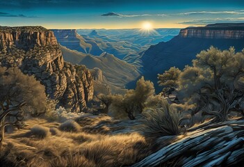 Wall Mural - AI generated illustration of a sunrise on a canyon's edge