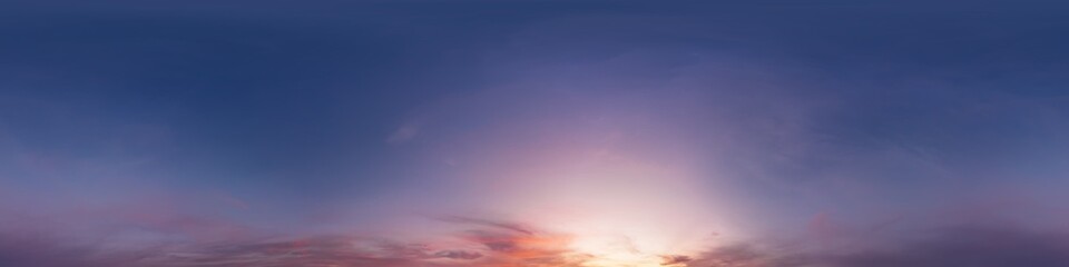 dark sunset sky panorama with glowing pink cirrus clouds. hdr 360 seamless spherical panorama. full 