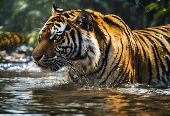 Sticker - a tiger walking in the water with some water sprays