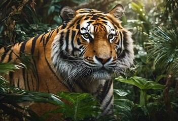 Sticker - tiger peering in the jungle with leaves on his head and paws