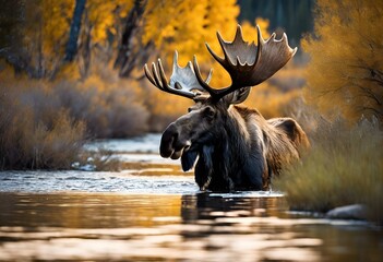 Sticker - a moose stands in water with trees behind it and leaves in the background