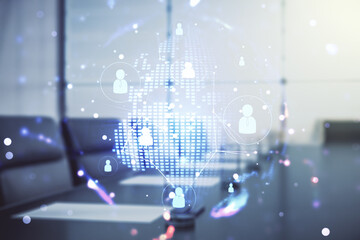 Poster - Virtual social network hologram and world map on a modern conference room background. Multiexposure