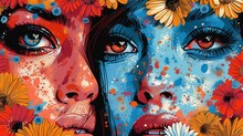 AI Generated Illustration Of A Vibrant Orange And Blue Painting With Two Faces Adorned With Flowers