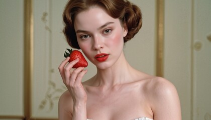 a young woman with a strawberries in her hand is holding a strawberry