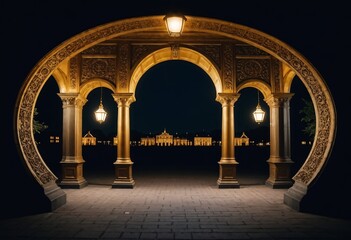 Wall Mural - an arch on a cobblestone walkway lit by street lights