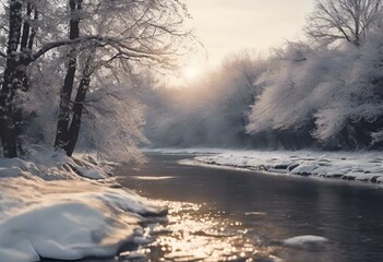 Sticker - a river running through a snowy woods next to a wooded area