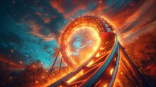 An Amusement Coaster Train Rides Through An Orange Glow And Clouds