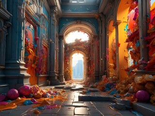 Poster - AI generated illustration of a decorated hallway with windows and central archway