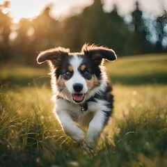 Canvas Print - AI generated illustration of a playful puppy frolics in the sunlit grass, tongue out