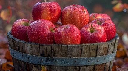 Poster - Bucket filled with fresh apples resting on leaves, AI-generated.