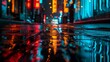 AI generated illustration of city street with rainy lights reflected in a puddle