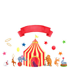 Horizontal composition watercolor circus tent and animals: elephant, rabbit, bear, cat, monkey and seal with red ribbon, stars on white background