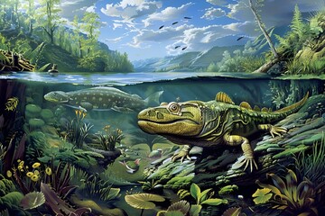 Wall Mural - AI generated illustration of a frog with a unique eye on its head gracefully swimming in a lake