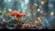 Mystical mushrooms, forest floor, close-up, straight-on angle, enchanted bokeh, twilight leaks
