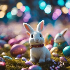 Wall Mural - a stuffed bunny and some other easter eggs on grass and trees