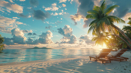 Wall Mural - A beautiful beach scene with a palm tree and two lounge chairs