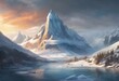 AI generated illustration of snowy mountains, trees, and lake in scenic painting