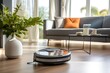 Robotic vacuum cleaner cleaning the floor in the living room at home