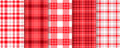Cloth seamless background. Tablecloth red pattern. Vichy gingham prints. Set checkered kitchen texture. Picnic retro plaid backdrops. Lumberjack table textile. Tartan wallpapers. Vector illustration. 