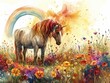 Watercolor image of a unicorn grazing in a field of summer flowers, with a rainbow in the background Isolated on white background clipart  isolated on white background clipart
