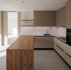 Wall Mural - Interior of a modern kitchen with a wooden table or worktop. Everything is new and there are no objects around