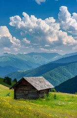 Wall Mural - AI generated illustration of a mountain cabin under cloudy sky