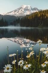 Wall Mural - AI generated illustration of mountain reflections on clear lake water with wildflowers