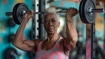 Wall Mural - Senior woman lifting weights at gym