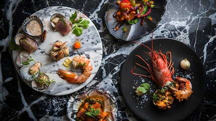 amazing food plates with main course and cooked food, marble plates seafood, food macro photography