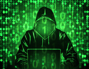 Hacker background. Cybercriminal from binary code. Computer scientist is using laptop. Hacker breaks binary code. Cyber backdrop. Member of hacker army. Digital decoration. 3d image