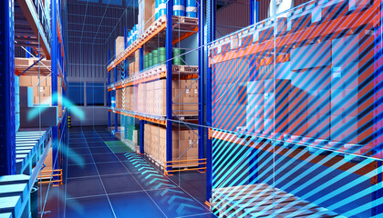 Poster - Futuristic warehouse. Storage building with boxes on shelves. Innovative logistics warehouse. Automated distribution. Warehouse with machine vision lines. Futuristic fulfillment center. 3d image