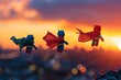 Dynamic crochet amigurumi superhero set, flying against a city skyline at dusk, capes fluttering , cinematic