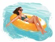 A woman floating on a pool inflatable, lost in thought under the vast, clear blue summer sky  isolated on white background clipart