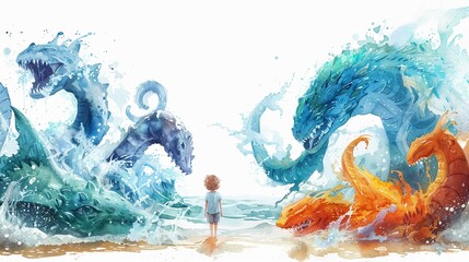 An imaginative scene of a child imagining battling sea monsters, with the watercolor ocean coming to life  isolated on white background clipart