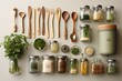 Wooden shelf with different cooking utensils and herbs in kitchen