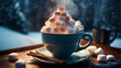 Transport yourself to a winter wonderland with this stunning image of a steaming cup of hot chocolate, adorned with a mountain of fluffy marshmallows. The warm glow of the fireplace in the background 