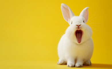 Joyful Bunny: A White Fluffy Companion Spreading Smiles. Yellow Background. 
