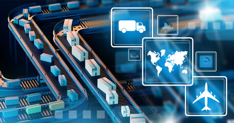 Poster - Logistics conveyor. Boxes on production tape. Neon logistics symbols. Conveyor inside distribution center. Logistics technologies. Modern packaging line. Transportation, delivery, shipment. 3d image